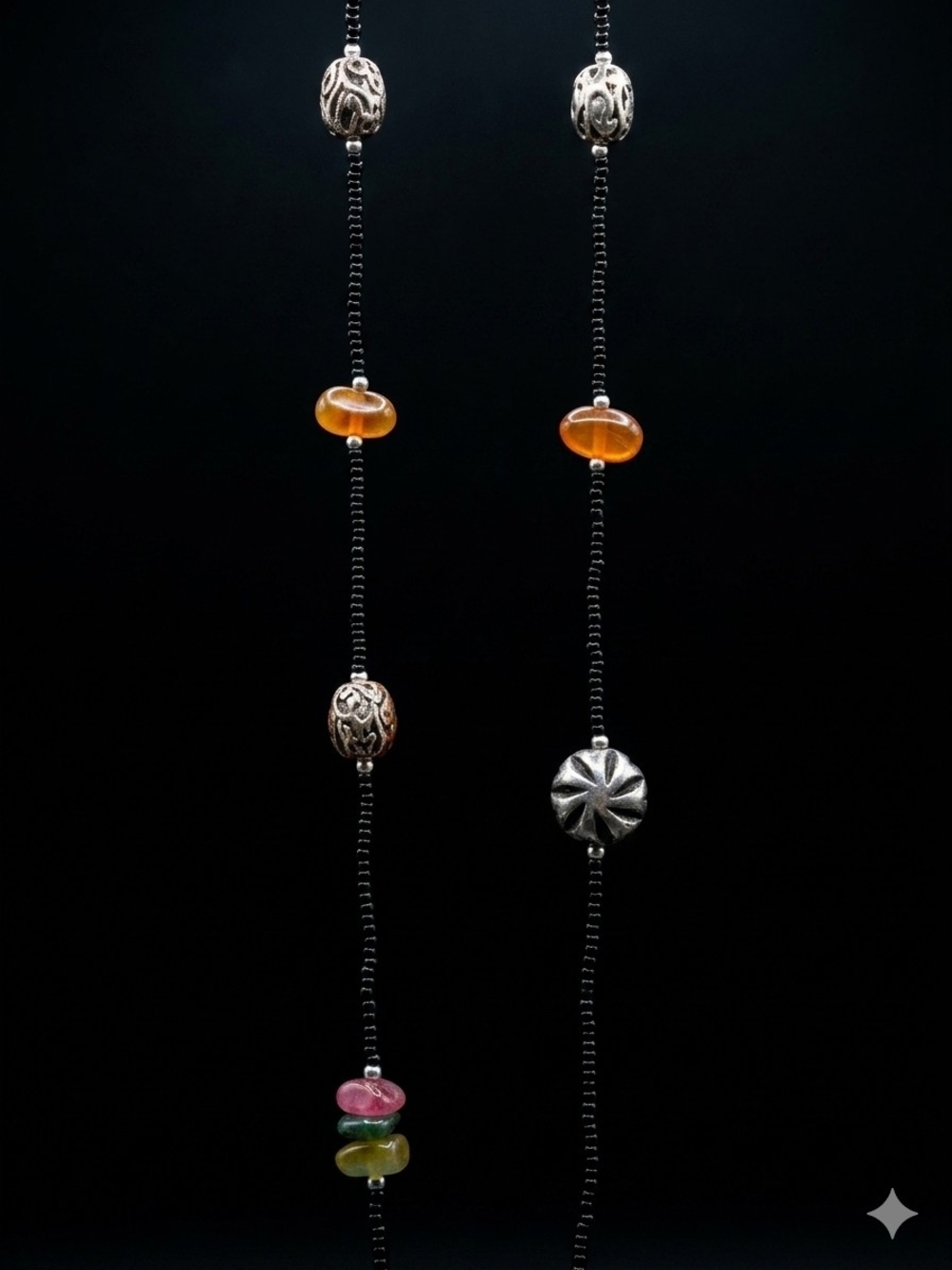 Silver and Amber Bead Drop Necklace - Multi Gem Stones Women's Jewelry